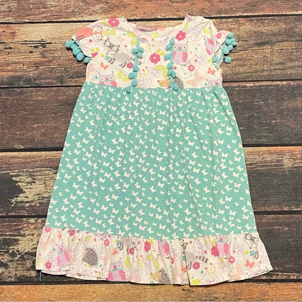 Jelly The Pug Turquoise & White Butterfly Print Girls' Dress with Pom Trim